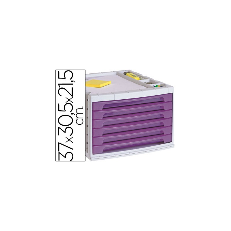 Fichero cajones de sobremesa q-connect 37x30,5x21,5 cm bandeja organizadora superior 6 cajones violeta translucido