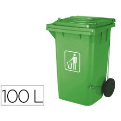 Papelera contenedor q-connect plastico con tapadera 100l color verde 750x470x370 mm con ruedas