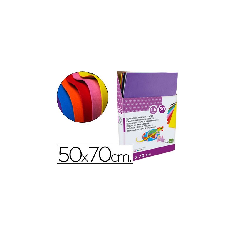 Goma eva liderpapel expositor de 50 planchasx10 colores surtidos 50x70 cm 1,5 mm espesor