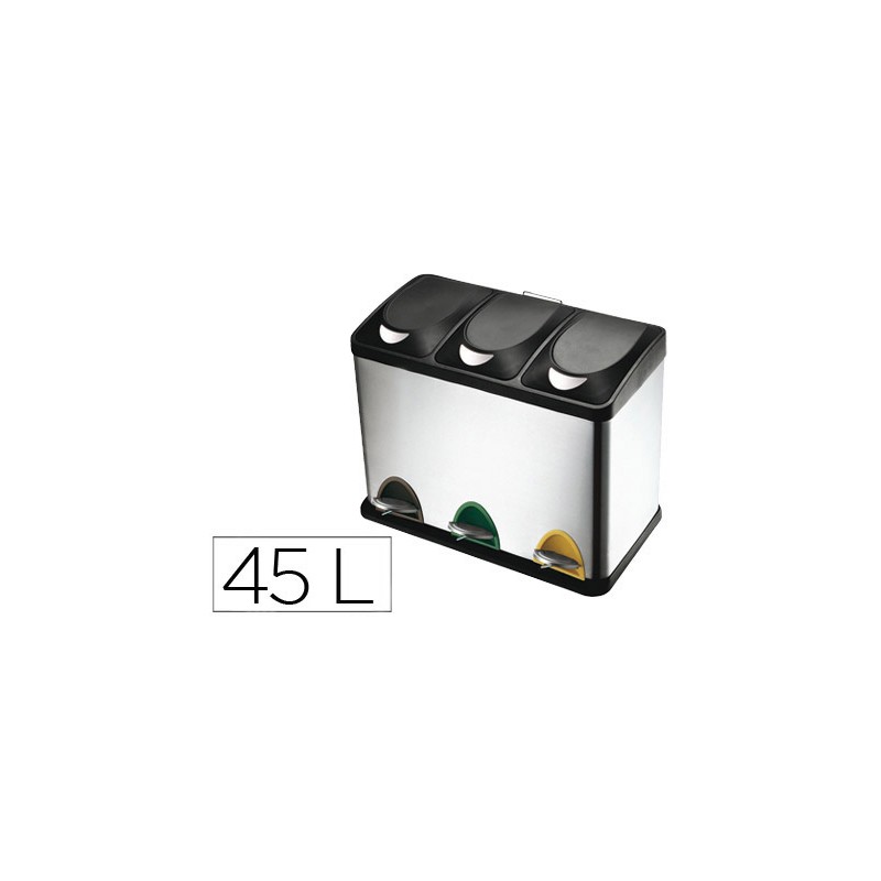 Papelera contenedor q-connect metalica con tapadera de plastico y pedal 3 depositos 45l 605x340x485 mm