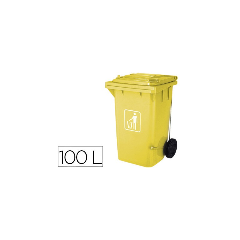 Papelera contenedor q-connect plastico con tapadera 100l color amarillo 750x470x370 mm con ruedas