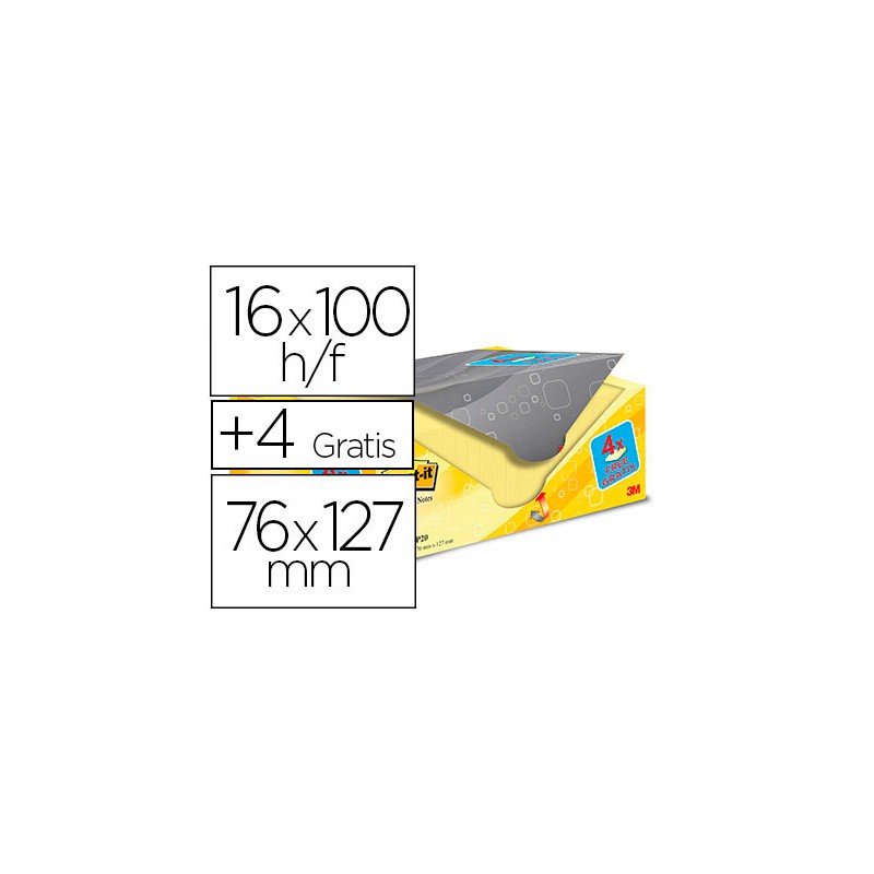 Bloc de notas adhesivas quita y pon post-it super sticky amarillo canario 76x127 mm pack promocional 20+4 gratis