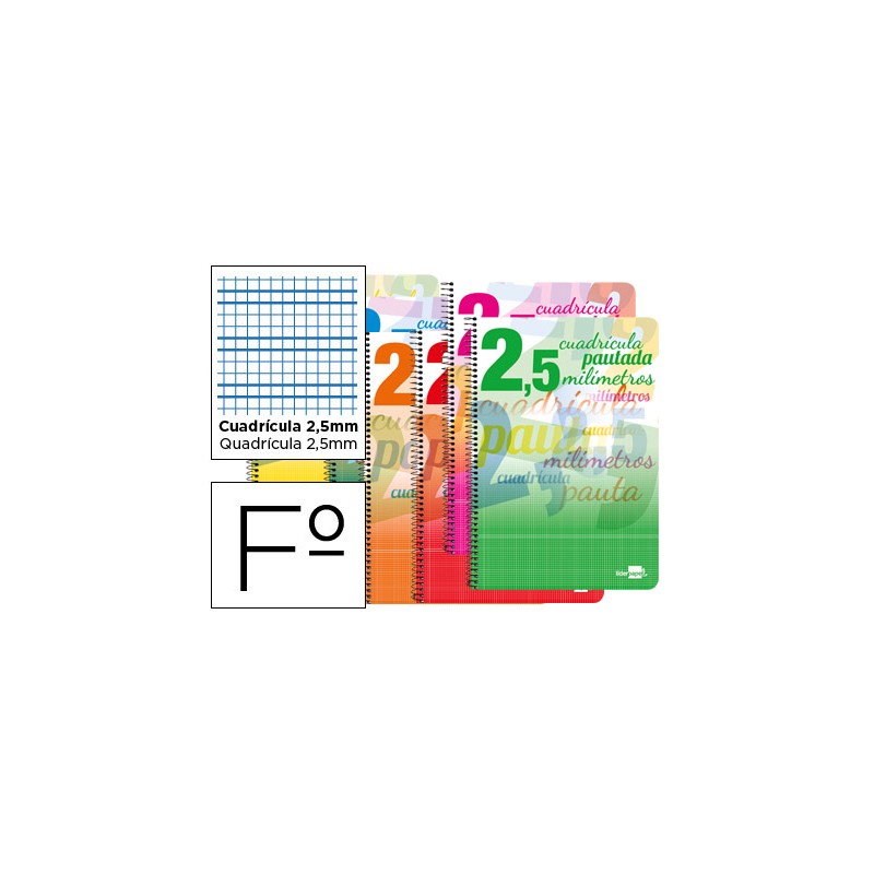 Cuaderno espiral liderpapel folio pautaguia tapa blanda 80h 80 gr cuadro pautado 2,5mm con margen colores surtidos