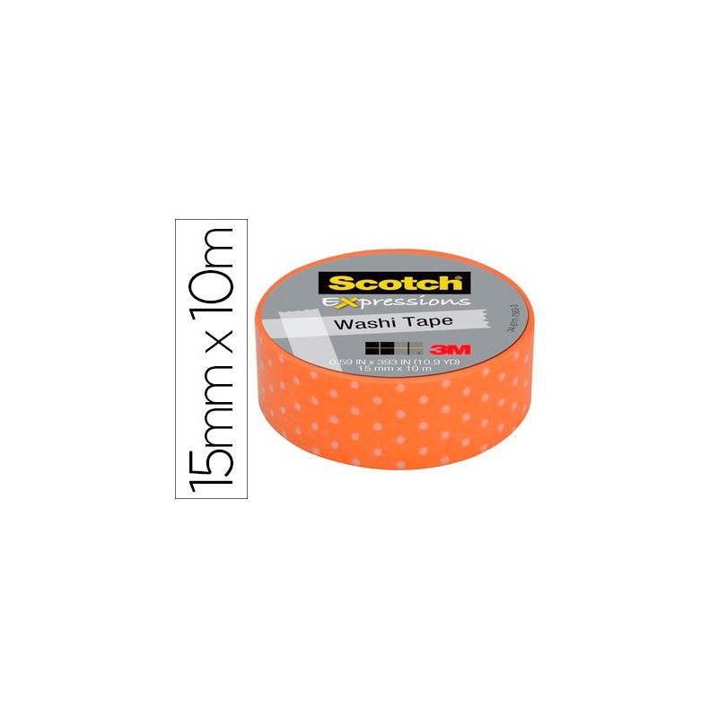 Cinta adhesiva scotch washi tapes papel de arroz fantasia punto naranja 10 mt x 15 mm