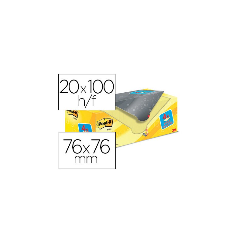 Bloc de notas adhesivas quita y pon post-it super sticky amarillo canario 76x76 mm pack promocional 20+4 gratis