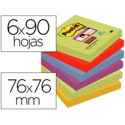 Bloc de notas adhesivas quita y pon post-it super sticky 76x76 mm con 90 hojas pack de 6 bloc colores surtidos