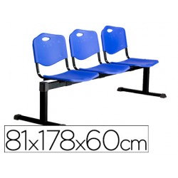 Bancada q-connect de espera estructura hierro negro tres asientos y respaldo pvc 810x1780x600 mm azul