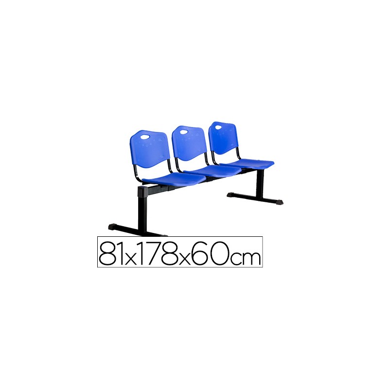 Bancada q-connect de espera estructura hierro negro tres asientos y respaldo pvc 810x1780x600 mm azul