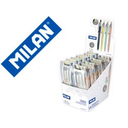 Boligrafo milan p1 silver retractil 1 mm estuche de 4 unidades colores surtidos expositor de 14 estuches