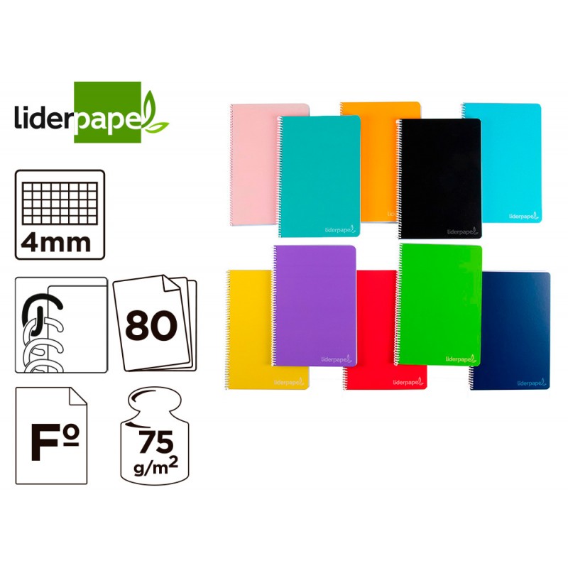 Cuaderno espiral liderpapel folio witty tapa dura 80h 75gr cuadro 4mm con margen colores surtidos