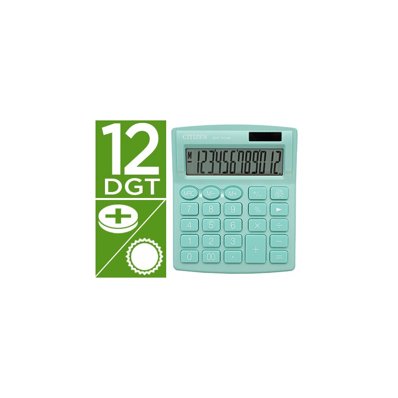 Calculadora citizen sobremesa sdc-812nrgne eco eficiente solar y a pilas 12 digitos 124x102x25 mm verde