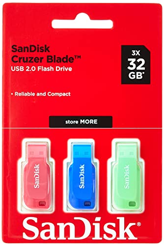 SanDisk 32GB Cruzer Blade USB Flash Drive , Blue/Pink/Green,...